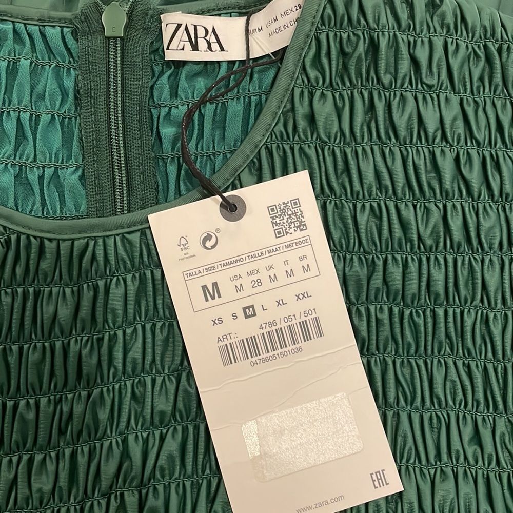 Zara Green Faux Leather Pleather Smocked Peplum Top Size Small - Picture 5 of 5